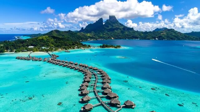 Stunning aerial view of overwater bungalows in a tropical paradise.