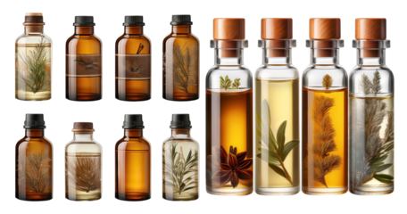 Elegant Collection of Bottles with Aromatic Herbs and Oils, PNG bundle collection, Isolated on Transparent Background