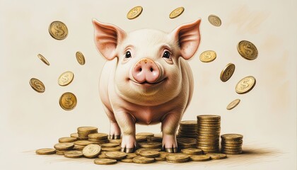 A pig stands happily on top of stacks of coins with gold coins flying around it. This scene suggests themes of money and good fortune. The setting has a light color background.