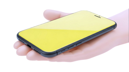 Smartphone with yellow screen held in hand