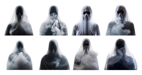 Mysterious Figures Shrouded in Smoke and Veils with Veil Effects, PNG bundle collection, Isolated on Transparent Background
