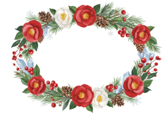 elegant watercolor holiday frame (4:3 ratio) featuring detailed red camellias, holly berries, snowflakes, and pine cones on a transparent background with central copy space, concept for festive
