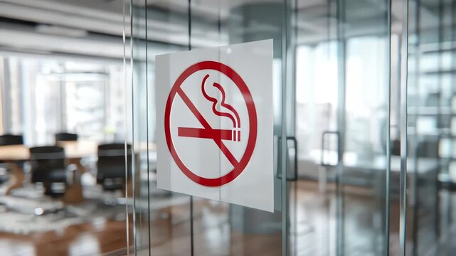 A no smoking sign is affixed to the glass door of a modern office meeting room.