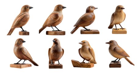 Realistic Wooden Bird Figurines for Home Decor and Craft Projects, PNG bundle collection, Isolated on Transparent Background