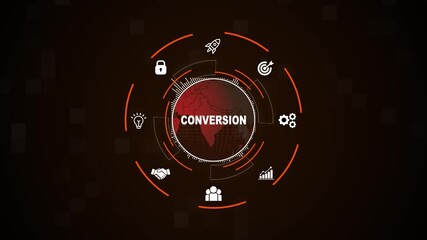 Futuristic Conversion Analytics HUD with Global World Map, Interactive Business Icons, Digital Marketing Data Visualization and Neon UI Technology Interface Animation - Powered by Adobe