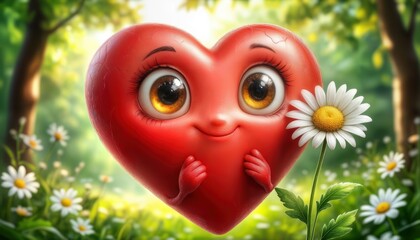A joyful heart character stands in a vibrant garden, smiling while holding a daisy. Sunlight filters through the trees, creating a cheerful atmosphere filled with flowers.