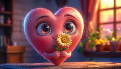 A heart-shaped character stands in a bright room holding a flower. Sunlight shines through the window, illuminating the plants and creating a warm atmosphere.
