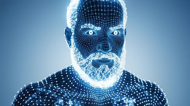 Digital wireframe model of a bearded man