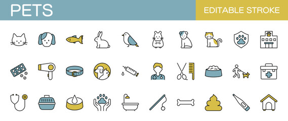 ペットに関するアイコンセット　犬　猫　鳥　魚　ハムスター　うさぎ　医療 （線幅変更可能・カラー）