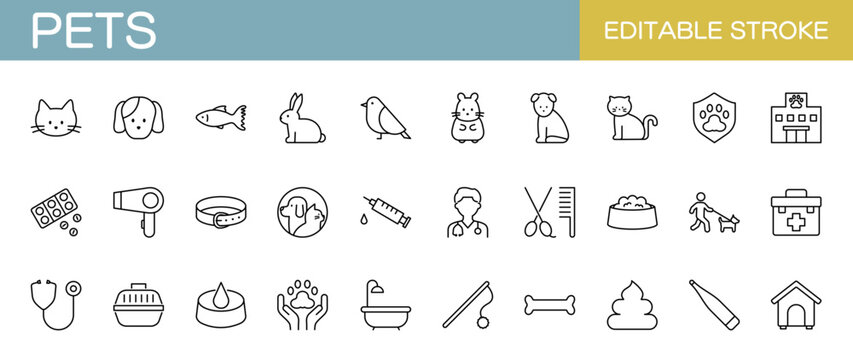 ペットに関するアイコンセット　犬　猫　鳥　魚　ハムスター　うさぎ　医療 （線幅変更可能）