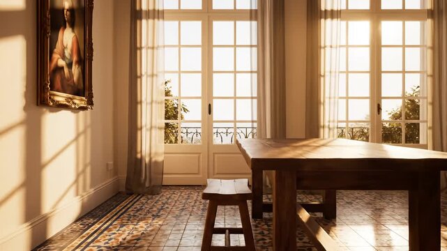 Sunlit room with wooden table and tiled floor
