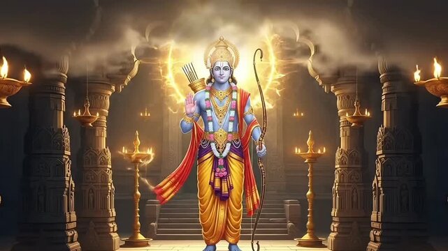 Ram Navami animated scene of Lord Rama standing in temple with bow showing blessing devotion Hindu spirituality and Ramayana inspired motion video