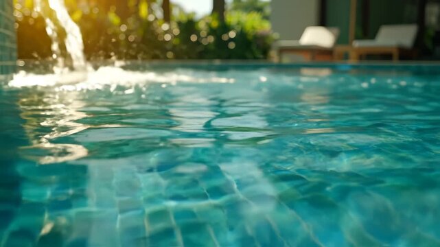 Swimming pool with water feature and lounge chairs