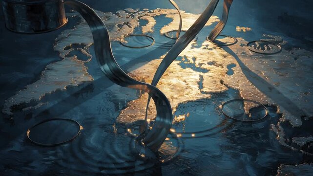 A cinematic oil painting style illustration of a fragile global economy, cracked oil barrels leaking into a dark ocean, abstract world map shapes dissolving into shadows, dramatic lighting, muted gold