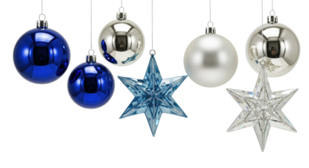 high-key macro still life of six elegant glass and metal christmas baubles and stars, sharp focus, suspended on a white background with soft shadows. concept for pristine holiday decor