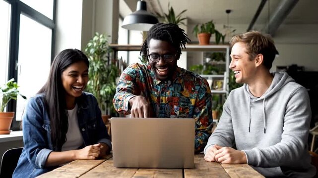 Diverse team of young professionals laughing and collaborating around laptop in casual bright coworking space, startup culture