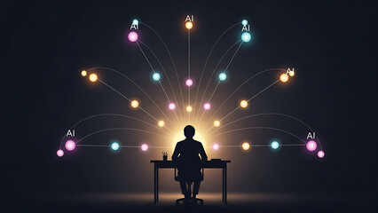 A person sits at a desk surrounded by a vibrant network of glowing connections and data streams in a dark room with glowing orbs - Ai Generated
