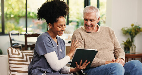 Reading, tablet and nurse with old man on sofa in house for support, healthcare advice and help....