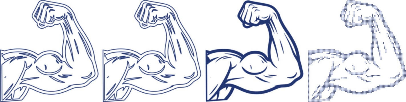 Biceps muscle icon set featuring line art solid and halftone style