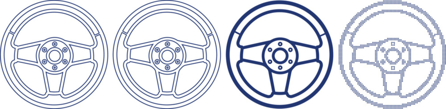 Racing car steering wheel in four different line art and dot styles isolated