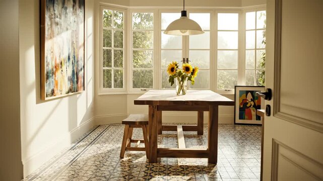 Sunlit dining room with sunflowers
