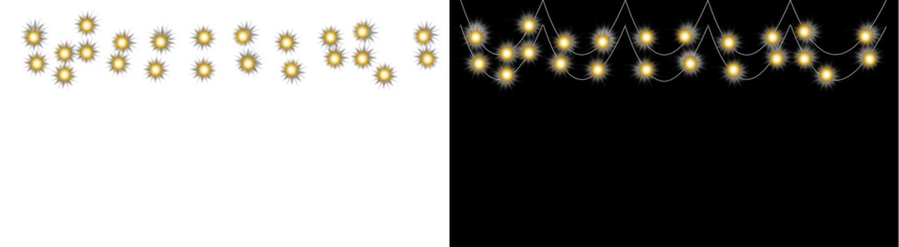 PNG image of&nbsp;Decorative string lights featuring shining flower bulbs and glowing star bulbs suspended across the top border on transparent background