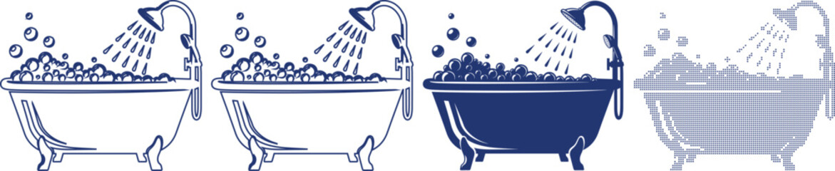 Bathtub shower with bubbles icons set in four different design style