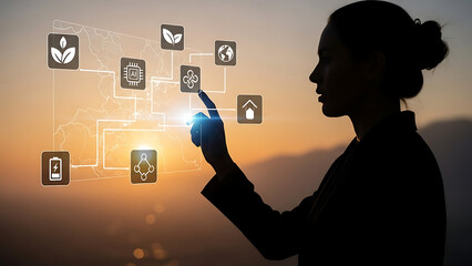 Woman interacts with futuristic digital interface icons at sunset with technology and innovation concepts with ecology and sustainable - Ai Generated