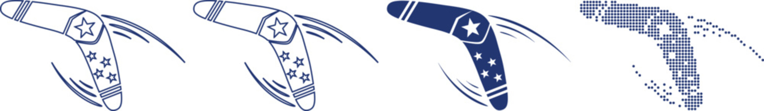 Boomerang throwing weapon icons set featuring motion effect and star