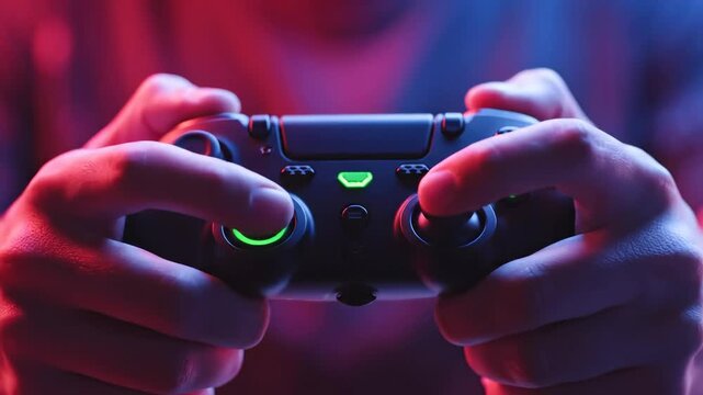 Hands holding illuminated gaming controller