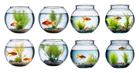 Variety of Goldfish in Different Aquatic Environments in Bowls, PNG bundle collection, Isolated on Transparent Background