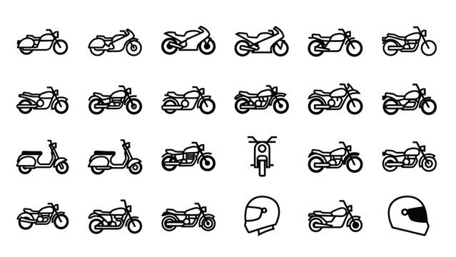 Collection of Motorcycles and Helmets in Black Line Art.