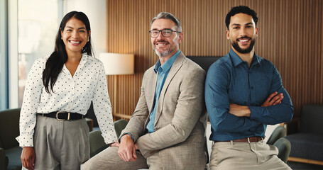 Startup, business and portrait of creative team with confidence, pride and smile for editor career....