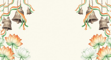 Elegant horizontal watercolor illustration of hanging temple bells with saffron white and green ribbons and lotus flowers for patriotic themes