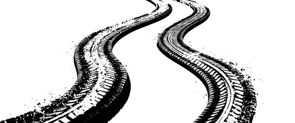 Obraz premium Vector white tire tracks and curved black tire tracks on road white background