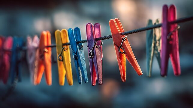 Colorful clothes pins and plastic pegs in blue and green hang on a rope clothesline to dry laundry washing
