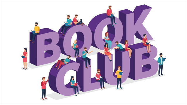 Vector illustration logo concept of a book club with people reading together. Perfect for landing pages, websites, mobile applications, banners, posters, flyers, and background use.