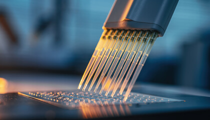 Automated biotech drug discovery pipette tip laboratory tool with precision microplate assay in modern science research lab environment