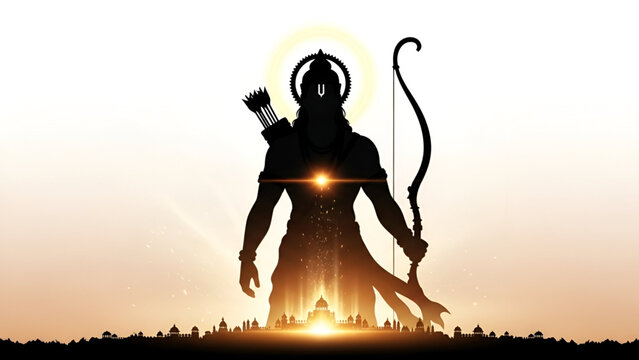 Ram Navami divine silhouette of Lord Rama with bow rising above Ayodhya city symbolizing Hindu devotion faith spiritual power and Ramayana legacy