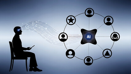 Man sitting in chair with tablet connected to network with people icons around star shape center with connection and technology - Ai Generated
