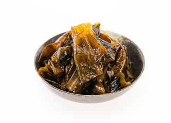 Brown seaweed in black bowl.Japanese food.