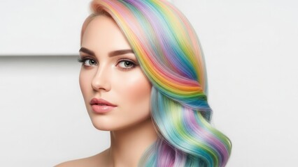 Portrait Of A Woman With Vibrant Rainbow Colored Wavy Hair And Makeup Detailed Face