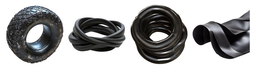 Collection of Black Rubber Materials: Tire, Twisted Bands, and Sheet, PNG bundle collection, Isolated on Transparent Background