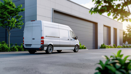 Eco friendly delivery van parked modern warehouse exterior sunny day efficient logistics service urban transport clean energy vehicle quiet street