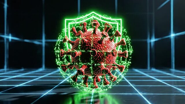 A futuristic, glowing shield encloses a red pattern within a grid structure on a dark background with neon blue lines