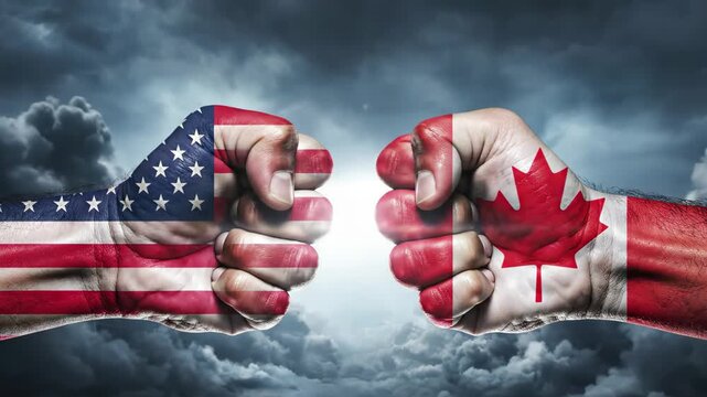 Fists painted with usa and canadian flags clashing against a stormy sky background
