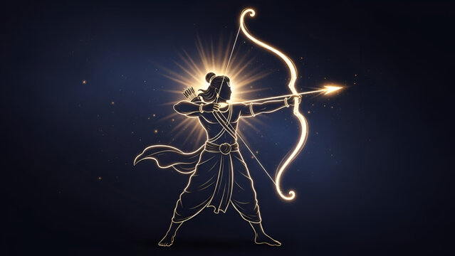 Ram Navami spiritual illustration of Lord Rama aiming bow with divine glow representing Hindu faith devotion dharma strength and sacred Ramayana tradition