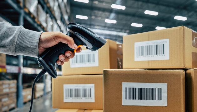 Global warehouse trade barcode emerging market econom logistic supply chain efficiency concept with worker hand using scanner on box for inventory control and product tracking - Powered by Adobe