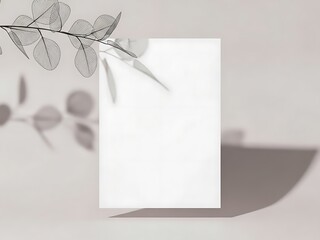 A blank white vertical paper mockup with elegant leaf shadows on a beige background for minimalist brand identity designs.