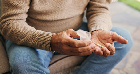 Hands, senior man and container with medicine prescription, supplements and drugs with omega 3....